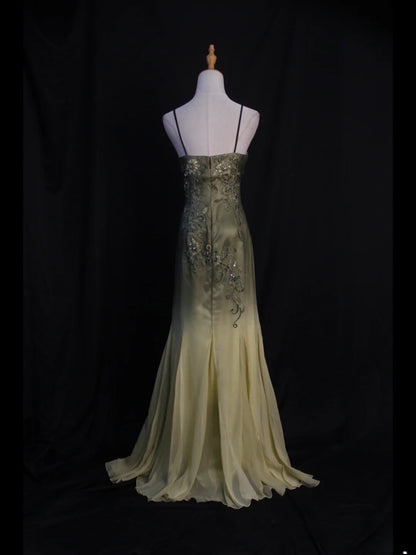 Vintage Mermaid Spaghetti Straps Olive Green Ombre Chiffon 80s With Beaded Bodice Long Prom Dresses Inspo Birthday Outfit Formal Dress For Women AS436