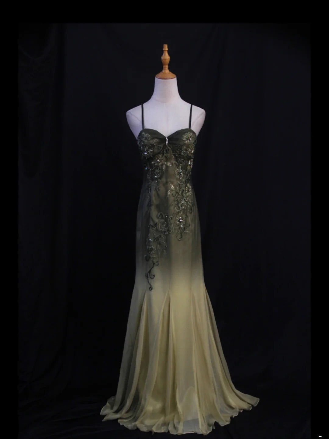 Vintage Mermaid Spaghetti Straps Olive Green Ombre Chiffon 80s With Beaded Bodice Long Prom Dresses Inspo Birthday Outfit Formal Dress For Women AS436