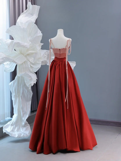 Elegantes, schlichtes A-Linien-Abendkleid mit Spaghettiträgern in Burgunderrot – ein beeindruckendes, langes Abendkleid aus Satin für Teenager und Gymnasien (AS438).
