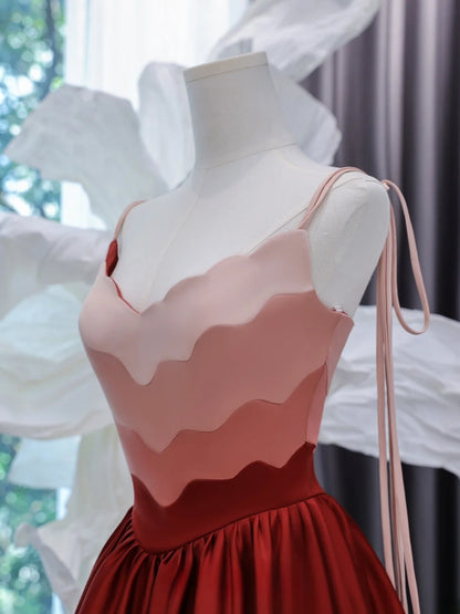 Elegantes, schlichtes A-Linien-Abendkleid mit Spaghettiträgern in Burgunderrot – ein beeindruckendes, langes Abendkleid aus Satin für Teenager und Gymnasien (AS438).