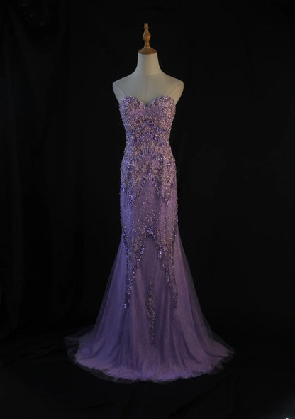Vintage Meerjungfrauen-Abendkleid aus lila Tüll im Stil der 1950er Jahre mit Perlenbesatz, herzförmigem Ausschnitt, Inspiration für den 18. Geburtstag, formelles Abendkleid AS439
