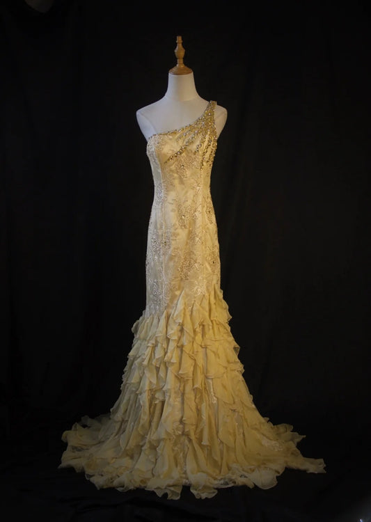 Retro 1950s Mermaid One Shoulder Yellow Chiffon With Gold Beads Lace Long Prom Dresses Inspo 22th Birthday Outfit Formal Dress AS440