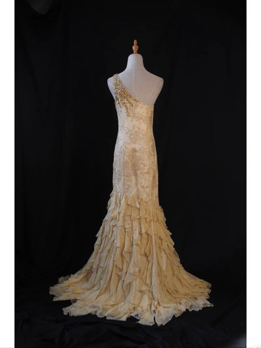 Retro 1950s Mermaid One Shoulder Yellow Chiffon With Gold Beads Lace Long Prom Dresses Inspo 22th Birthday Outfit Formal Dress AS440