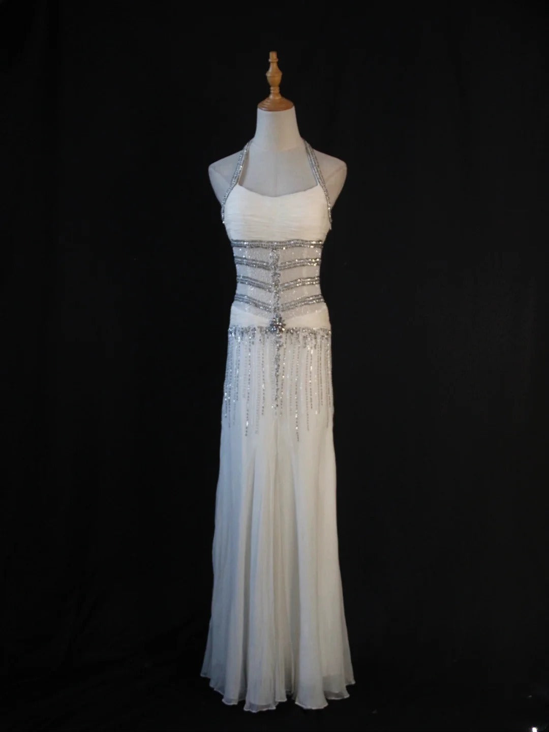Vintage Mermaid Halter White Chiffon 80s With Silver Beaded Bodice Long Prom Dresses Inspo Birthday Outfit Formal Dress For Women AS441