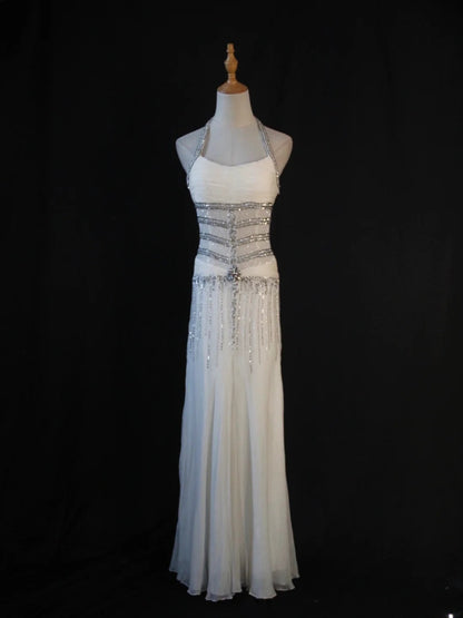 Vintage Mermaid Halter White Chiffon 80s With Silver Beaded Bodice Long Prom Dresses Inspo Birthday Outfit Formal Dress For Women AS441