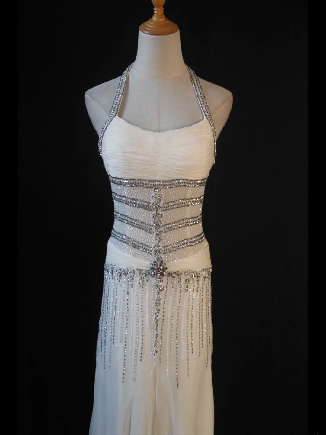 Vintage Mermaid Halter White Chiffon 80s With Silver Beaded Bodice Long Prom Dresses Inspo Birthday Outfit Formal Dress For Women AS441