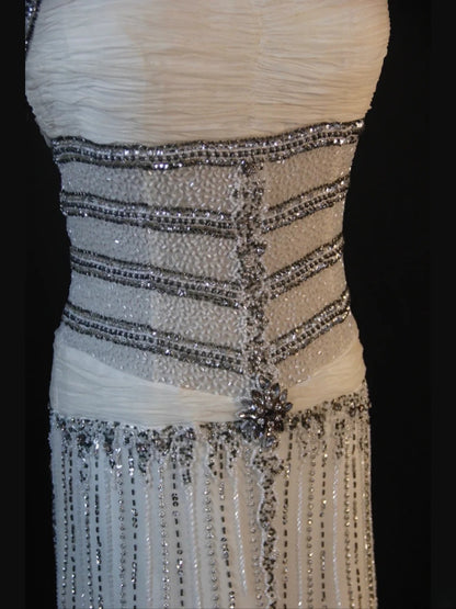 Vintage Mermaid Halter White Chiffon 80s With Silver Beaded Bodice Long Prom Dresses Inspo Birthday Outfit Formal Dress For Women AS441