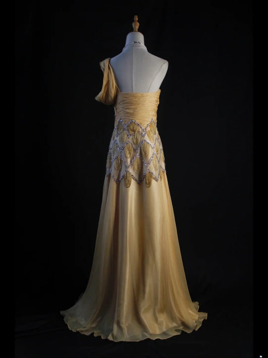 Retro 1950s A Line One Shoulder Yellow Chiffon With Silver Beads Long Prom Dresses Inspo 22th Birthday Outfit Formal Dress AS443