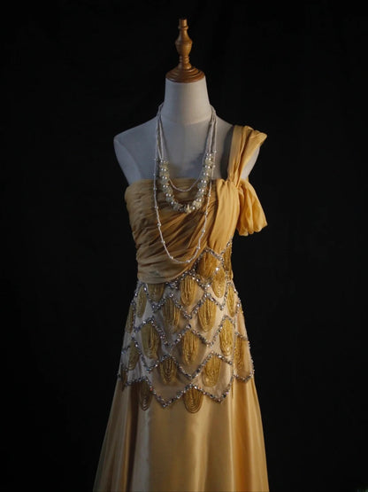 Retro-Abendkleid im Stil der 1950er Jahre: A-Linie, schulterfrei, gelber Chiffon mit silbernen Perlen, langes Kleid, Inspiration für den 22. Geburtstag, formelles Kleid AS443