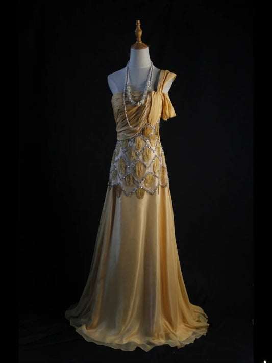 Retro 1950s A Line One Shoulder Yellow Chiffon With Silver Beads Long Prom Dresses Inspo 22th Birthday Outfit Formal Dress AS443