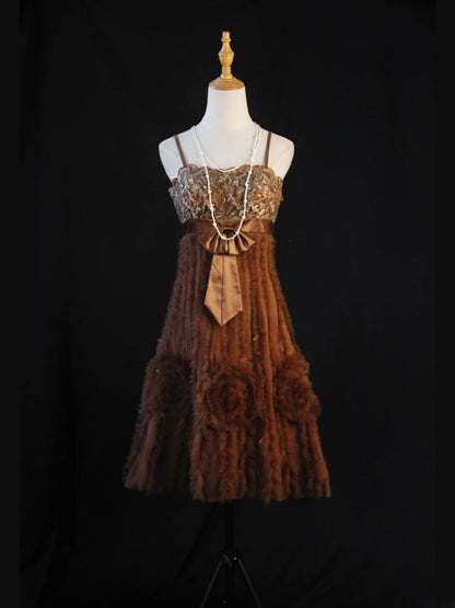 Robe vintage trapèze à fines bretelles en tulle marron et dentelle, idéale pour un 18e anniversaire, un bal de promo ou une soirée cocktail (AS445)