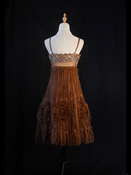 Vintage A line Spaghetti Straps Brown Tulle With Lace 18th Birthday Dress Homecoming Dresses Cocktail Gown AS445