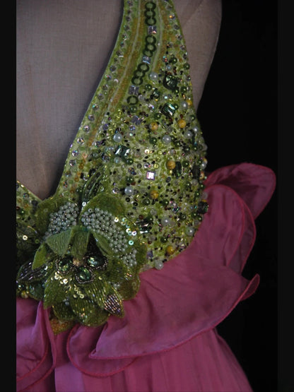 Vintage A Line V Neck Green Tops Chiffon Pink 80s With Beaded Bodice Long Prom Dresses Inspo Birthday Outfit Formal Dress For Women AS446