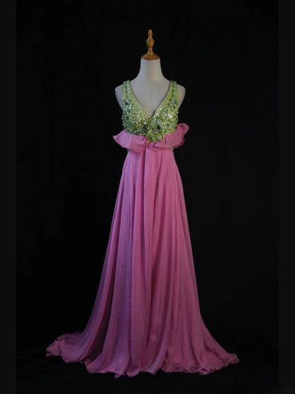 Vintage A Line V Neck Green Tops Chiffon Pink 80s With Beaded Bodice Long Prom Dresses Inspo Birthday Outfit Formal Dress For Women AS446