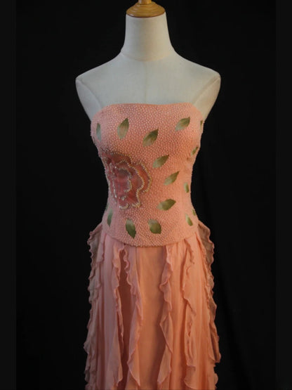 Retro 1950s A Line Strapless Pink Chiffon With Beads Long Prom Dresses Inspo 22th Birthday Outfit Formal Dress AS449