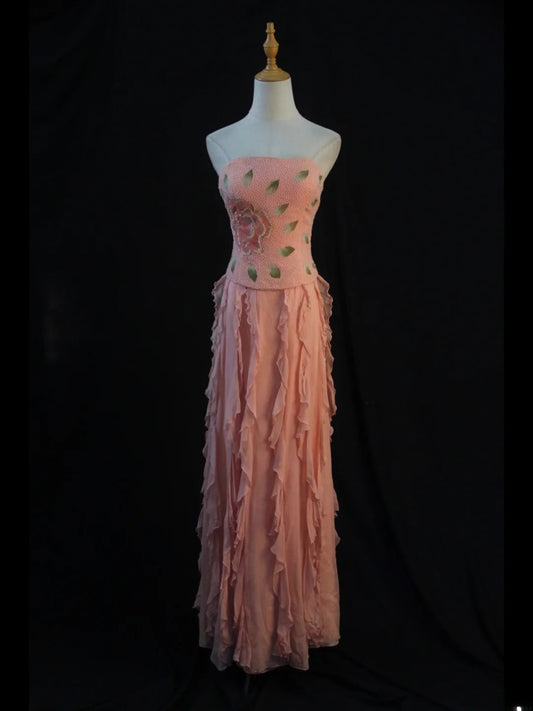 Retro 1950s A Line Strapless Pink Chiffon With Beads Long Prom Dresses Inspo 22th Birthday Outfit Formal Dress AS449