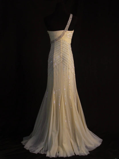 Retro-Meerjungfrauenkleid aus gelbem Chiffon im Stil der 1950er-Jahre mit silbernen Perlen, asymmetrischem Schnitt, langes Abendkleid, Inspiration für den 22. Geburtstag, formelles Kleid AS450