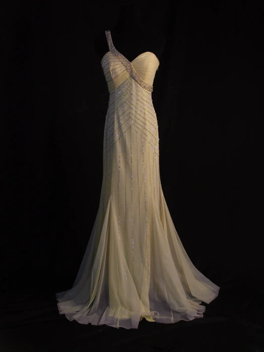 Retro 1950s Mermaid One Shoulder Yellow Chiffon With Silver Beads Long Prom Dresses Inspo 22th Birthday Outfit Formal Dress AS450
