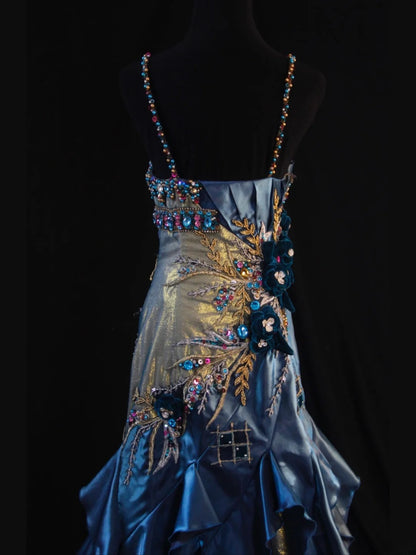 Vintage Mermaid Spaghetti Straps Royal Blue Satin Silver Satin 70s With Beads Long Prom Max Dresses Inspo 18th Birthday Outfit Formal Dress For Women AS451