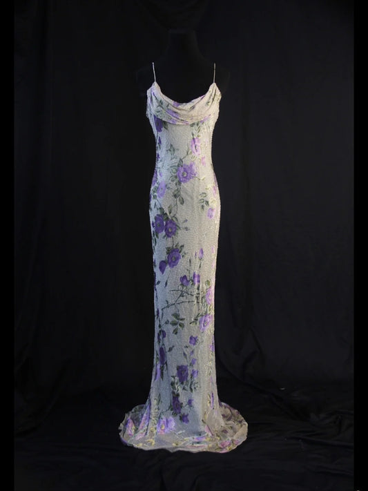 Robe de bal longue vintage sirène à fines bretelles, imprimé floral années 70 et perles, inspiration années 70, tenue de soirée pour femme (AS452)