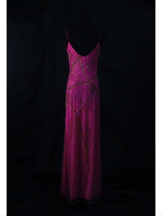 Robe longue fuchsia vintage années 70, coupe trapèze, bretelles spaghetti, ornée de perles, idéale pour un bal de promo ou une tenue de soirée pour un 18e anniversaire (AS455).