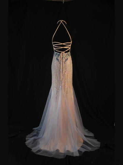 Vintage Mermaid Champagne Halter 70s With Beads Long Prom Max Dresses Inspo 18th Birthday Outfit Formal Dress For Women AS456