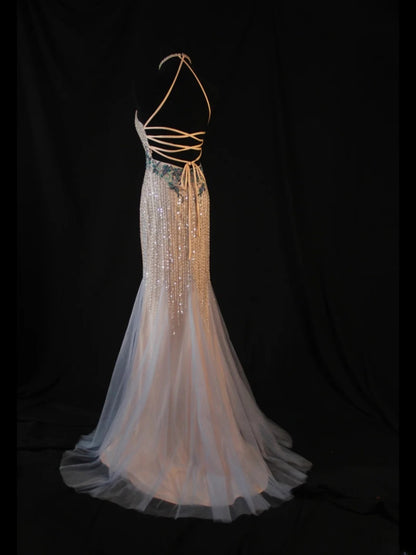 Vintage Mermaid Champagne Halter 70s With Beads Long Prom Max Dresses Inspo 18th Birthday Outfit Formal Dress For Women AS456