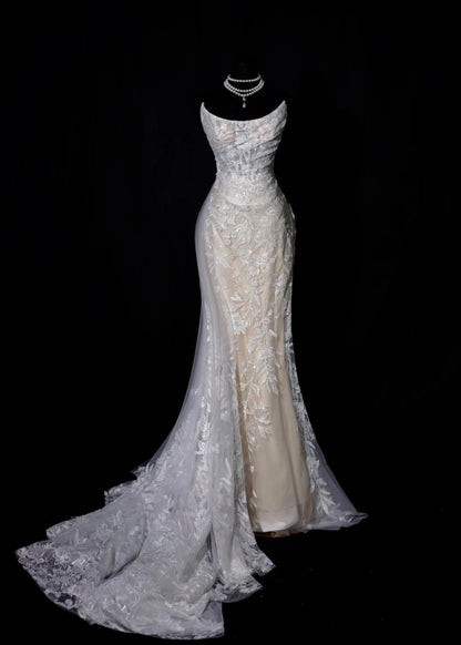 Romantic Long Wedding Dresses White Mermaid Strapless Lace Long Wedding Dress Style For Brides Fitted With Train Bridal Gowns AS456