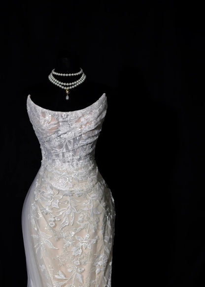 Romantic Long Wedding Dresses White Mermaid Strapless Lace Long Wedding Dress Style For Brides Fitted With Train Bridal Gowns AS456