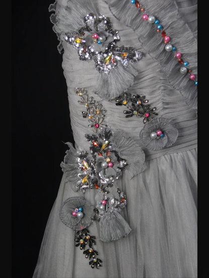 Vintage Mermaid Spaghetti Straps Silver Gray Tulle 70s With Beads Long Prom Max Dresses Inspo 18th Birthday Outfit Formal Dress For Women AS457