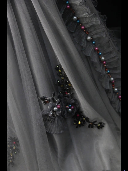 Vintage Mermaid Spaghetti Straps Silver Gray Tulle 70s With Beads Long Prom Max Dresses Inspo 18th Birthday Outfit Formal Dress For Women AS457