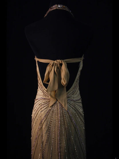 Vintage Mermaid Halter Gold Chiffon Backless 70s With Beads Long Prom Max Dresses Inspo 18th Birthday Outfit Formal Dress For Women AS458