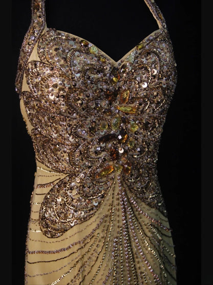 Vintage Mermaid Halter Gold Chiffon Backless 70s With Beads Long Prom Max Dresses Inspo 18th Birthday Outfit Formal Dress For Women AS458