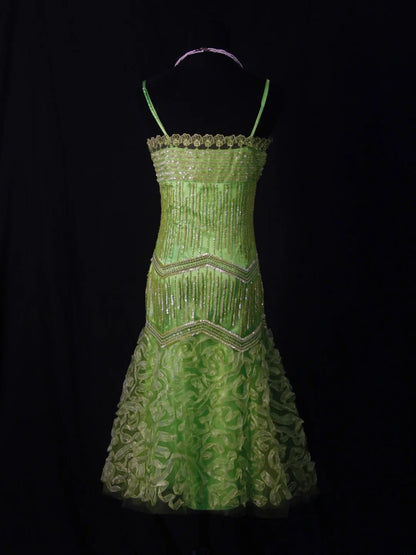 Vintage Meerjungfrauenkleid mit Spaghettiträgern, grünem Tüll und Perlen, 18. Geburtstagskleid, Homecoming-Kleid, Cocktailkleid AS460