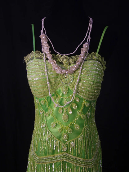 Vintage Meerjungfrauenkleid mit Spaghettiträgern, grünem Tüll und Perlen, 18. Geburtstagskleid, Homecoming-Kleid, Cocktailkleid AS460