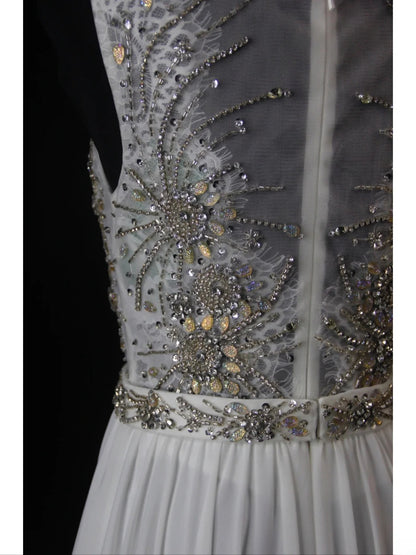Vintage A Line Scoop Silver Gray Lace Tops Chiffon 80s With Beaded Bodice Long Prom Dresses Inspo Birthday Outfit Formal Dress For Women AS462