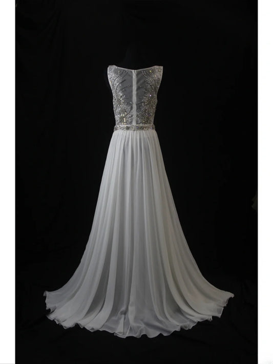 Robe de bal longue vintage années 80, coupe trapèze, décolleté rond, en dentelle gris argenté, corsage orné de perles, style années 80. Inspiration tenue d'anniversaire ou robe de soirée pour femme (AS462).