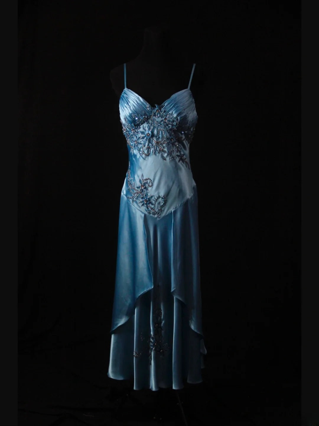 Vintage A Line Spaghetti Straps Blue Satin 70s With Beads Prom Max Dresses Inspo 18th Birthday Outfit Formal Dress For Women AS463