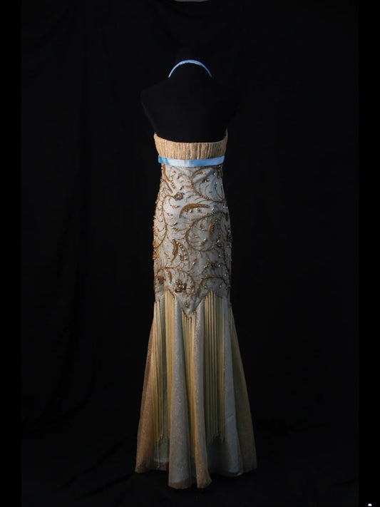 Robe de bal vintage sirène dos nu à sequins dorés années 70 avec perles - Inspiration robe de soirée pour 18 ans - Robe de cérémonie pour femme AS464