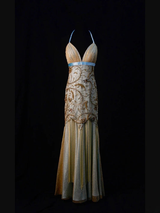 Robe de bal vintage sirène dos nu à sequins dorés années 70 avec perles - Inspiration robe de soirée pour 18 ans - Robe de cérémonie pour femme AS464