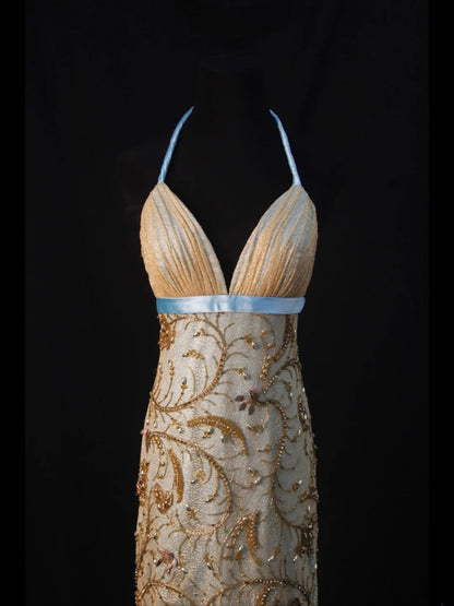 Vintage Mermaid Halter Gold Sequins 70s With Beads Prom Max Dresses Inspo 18th Birthday Outfit Formal Dress For Women AS464