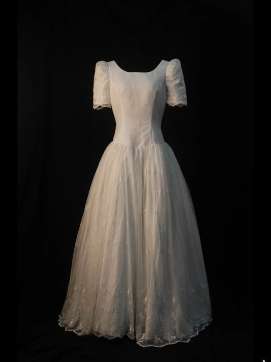 Retro 1950s Wedding Dresses for Bride Ball Gown Boat With Short Sleeves Tulle Petite/Plus Size Bridal Gowns for Summer Wedding AS466