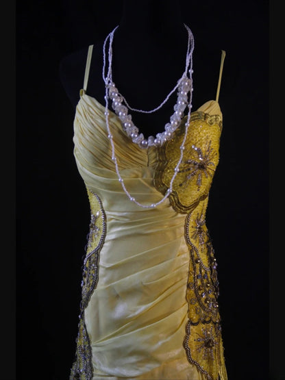 Vintage Mermaid Spaghetti Straps Yellow Lace 70s With Beads Prom Max Dresses Inspo 18th Birthday Outfit Formal Dress For Women AS467