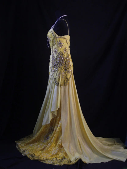 Vintage Mermaid Spaghetti Straps Yellow Lace 70s With Beads Prom Max Dresses Inspo 18th Birthday Outfit Formal Dress For Women AS467