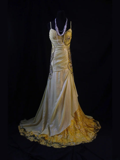 Vintage Mermaid Spaghetti Straps Yellow Lace 70s With Beads Prom Max Dresses Inspo 18th Birthday Outfit Formal Dress For Women AS467