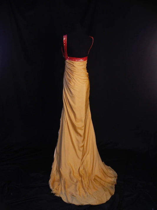 Robe de bal longue vintage sirène en mousseline à sequins dorés, col en V, style années 1950, avec corsage à volants. Inspiration pour une tenue de 18 ans ou une robe de soirée (AS469).