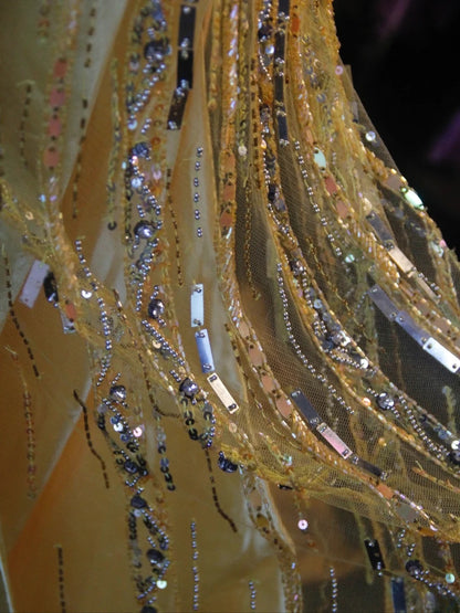 Retro 80s A line Strapless Yellow Tulle With Beadings Long Prom Dresses Inspo 22th Birthday Outfit Formal Dress AS472