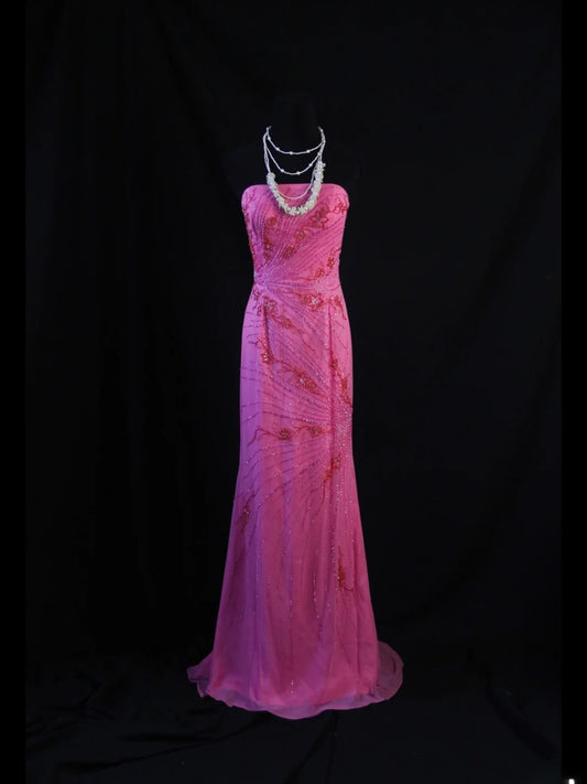 Retro 80s Mermaid Strapless Hot Pink Chiffon With Beadings Long Prom Dresses Inspo 22th Birthday Outfit Formal Dress AS474
