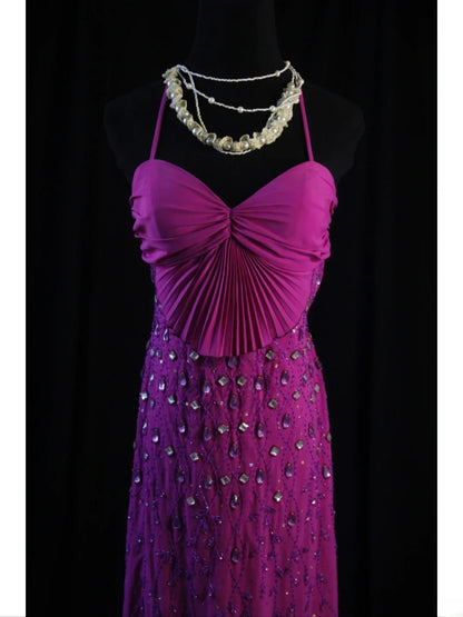 Vintage Mermaid Spaghetti Straps Fuchsia Chiffon 90s With Beadings Prom Max Dresses Inspo 19th Birthday Outfit Formal Dress For Women AS475