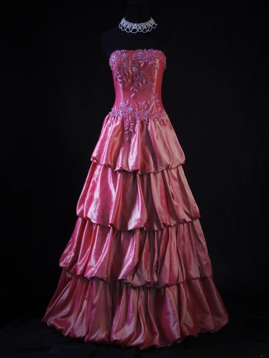 Retro 80s Ball Gown Strapless Pink Satin With Beadings Long Prom Dresses Inspo 22th Birthday Outfit Formal Dress AS476